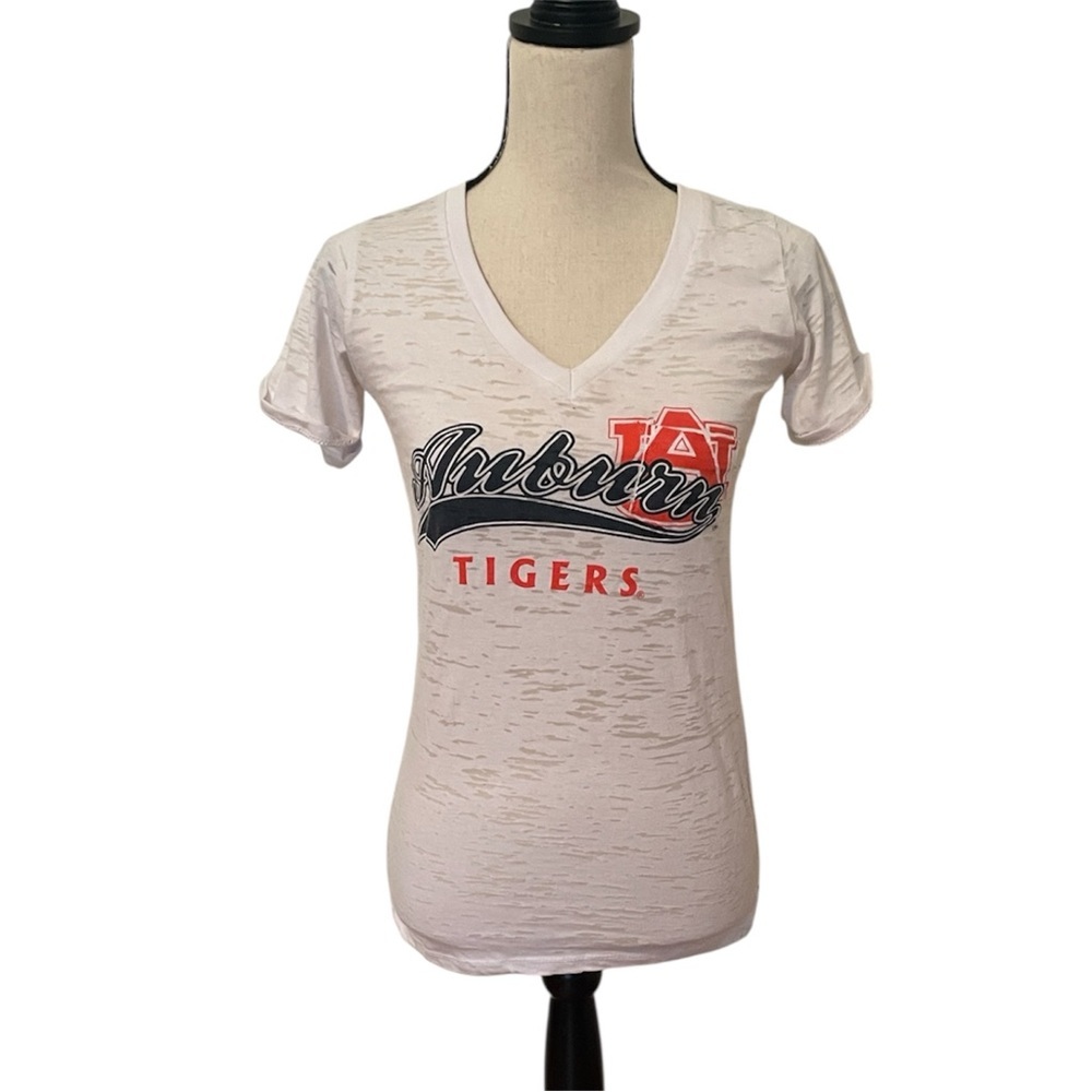 Auburn Tigers Women's White V-Neck Burnout T-shirt Size Medium War Eagle EUC